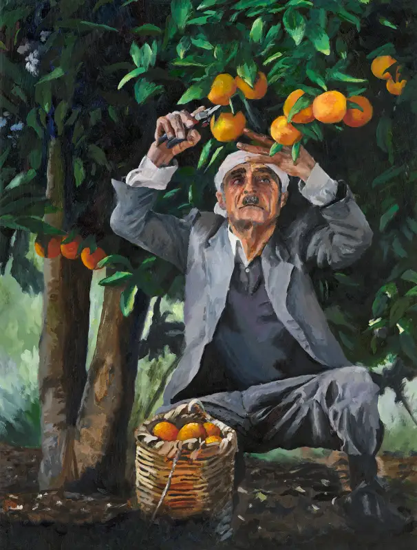 The Fruit Picker by Marco Sarconi — a man harvesting oranges beneath a citrus tree
